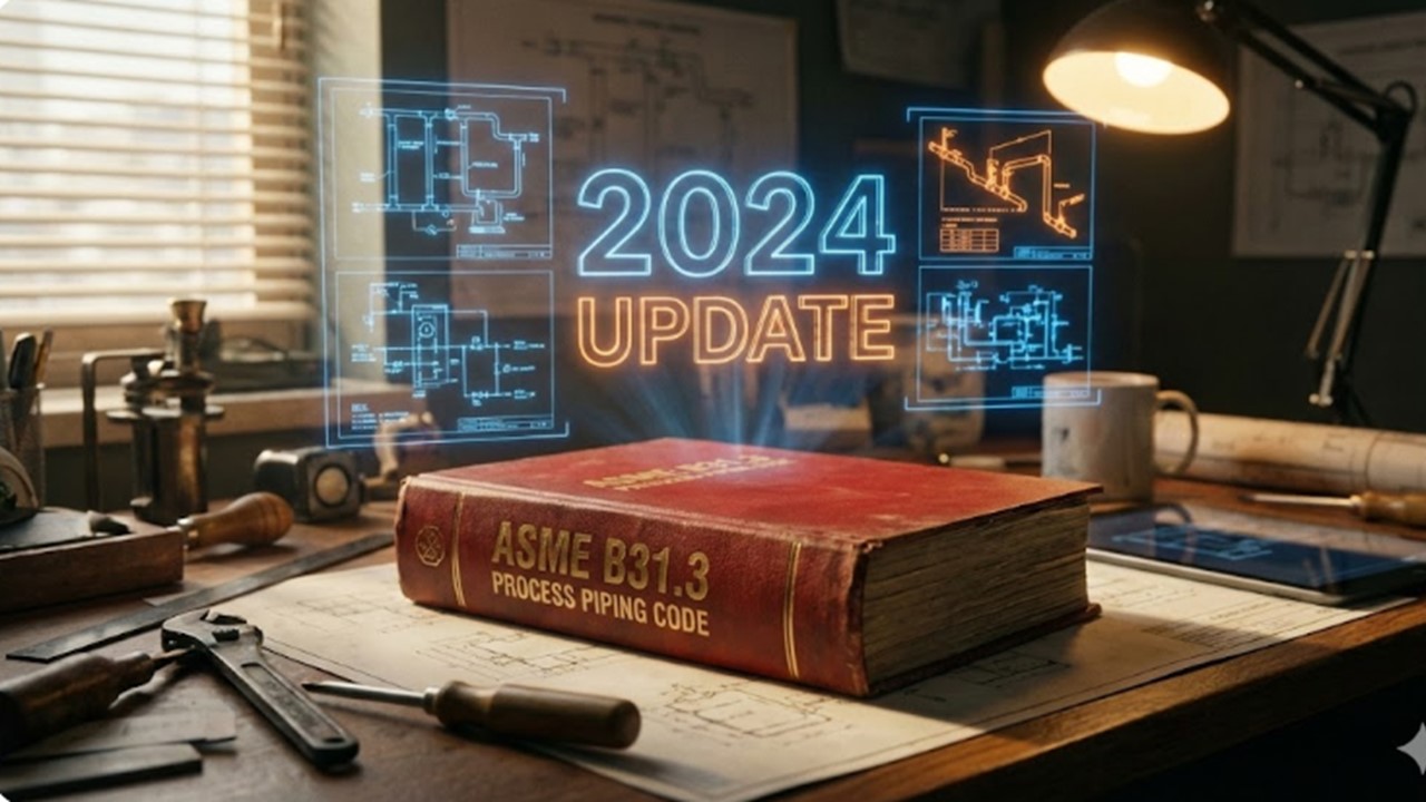 A digital concept art showing the ASME B31.3 Code book glowing with digital overlays of piping networks and 2024 timestamps