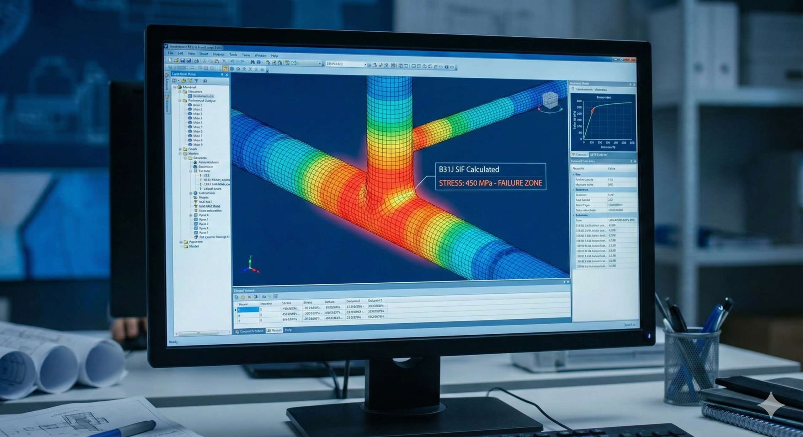 Piping stress analysis heatmap showing high stress concentration at tee junctions