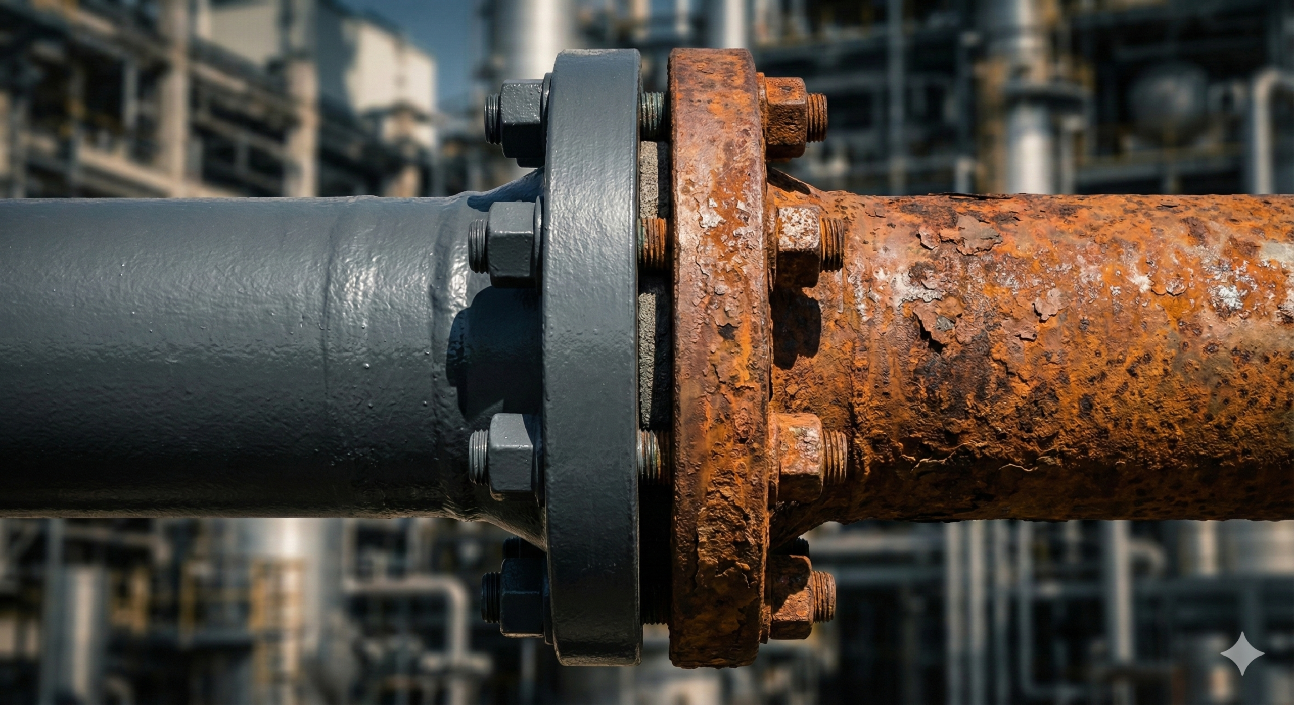 Industrial piping system showing signs of severe external corrosion and rust scaling.