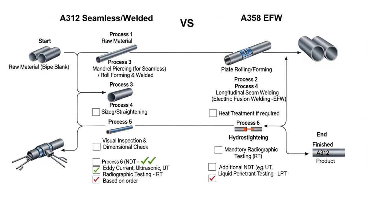 Technical comparison diagram of ASTM A312 vs ASTM A358 manufacturing processes and weld types