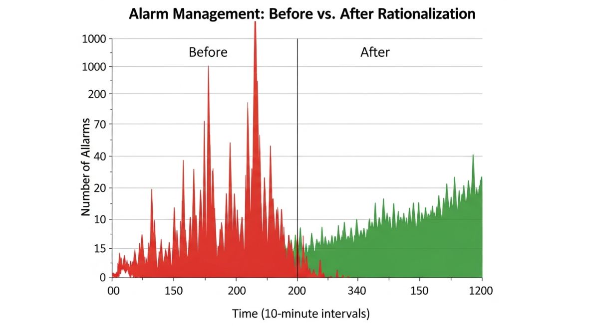 Alarm flood reduction chart demonstrating effective Alarm Management for Oil & Gas