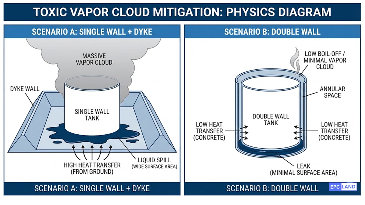 Ammonia boil off rates comparison between open bund dyke and double wall tank annular space