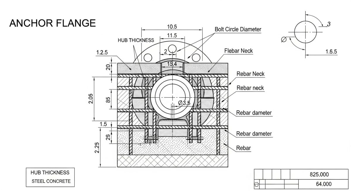 Technical diagram of Anchor Flange dimensions and concrete thrust block integration