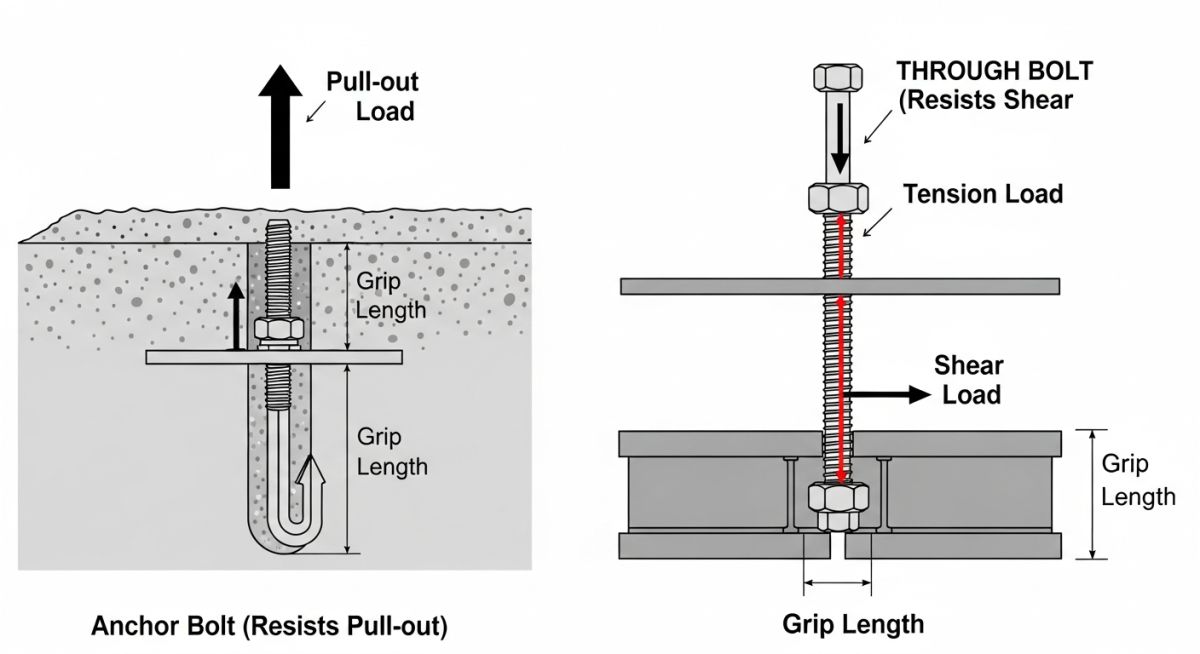 Engineering diagram comparing the load transfer mechanism of anchor bolts versus through bolting for structural security