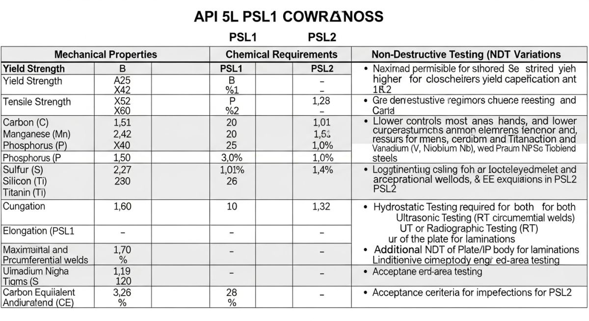 Technical comparison chart of API 5L Pipe PSL1 vs PSL2 specifications