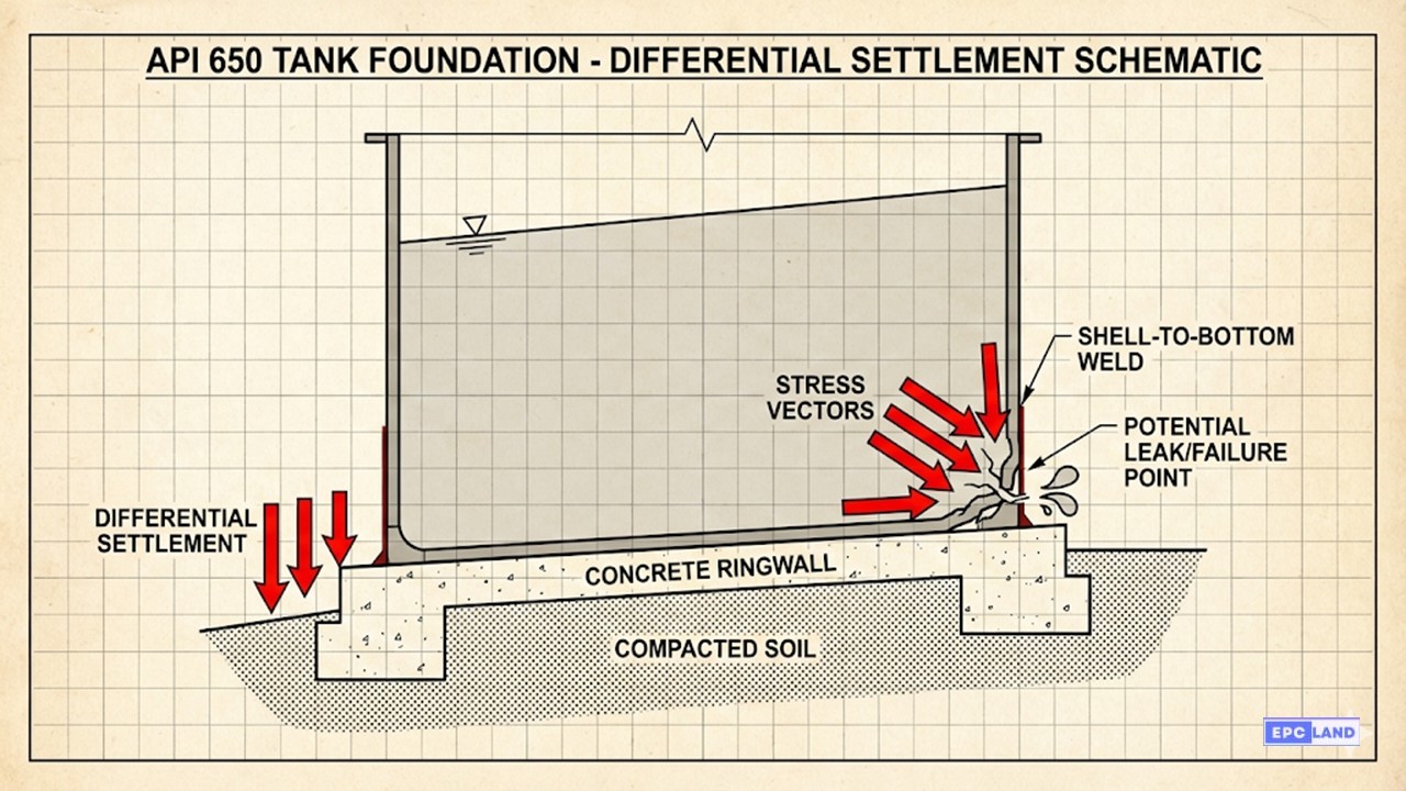 API 650 tank failure analysis showing differential settlement and foundation stress points