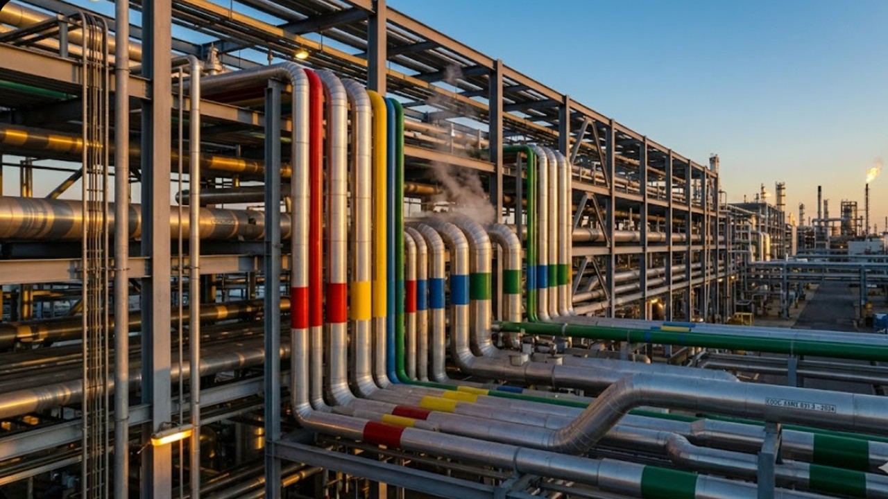 ASME B31.3 process piping rack in a modern chemical plant.