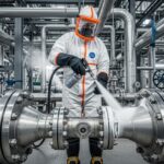 Professional inspector performing an ASME B31.3 Sensitive Leak Test on refinery piping.