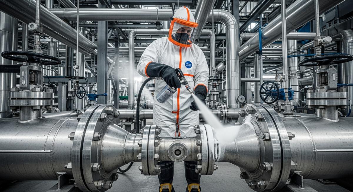 Professional inspector performing an ASME B31.3 Sensitive Leak Test on refinery piping.