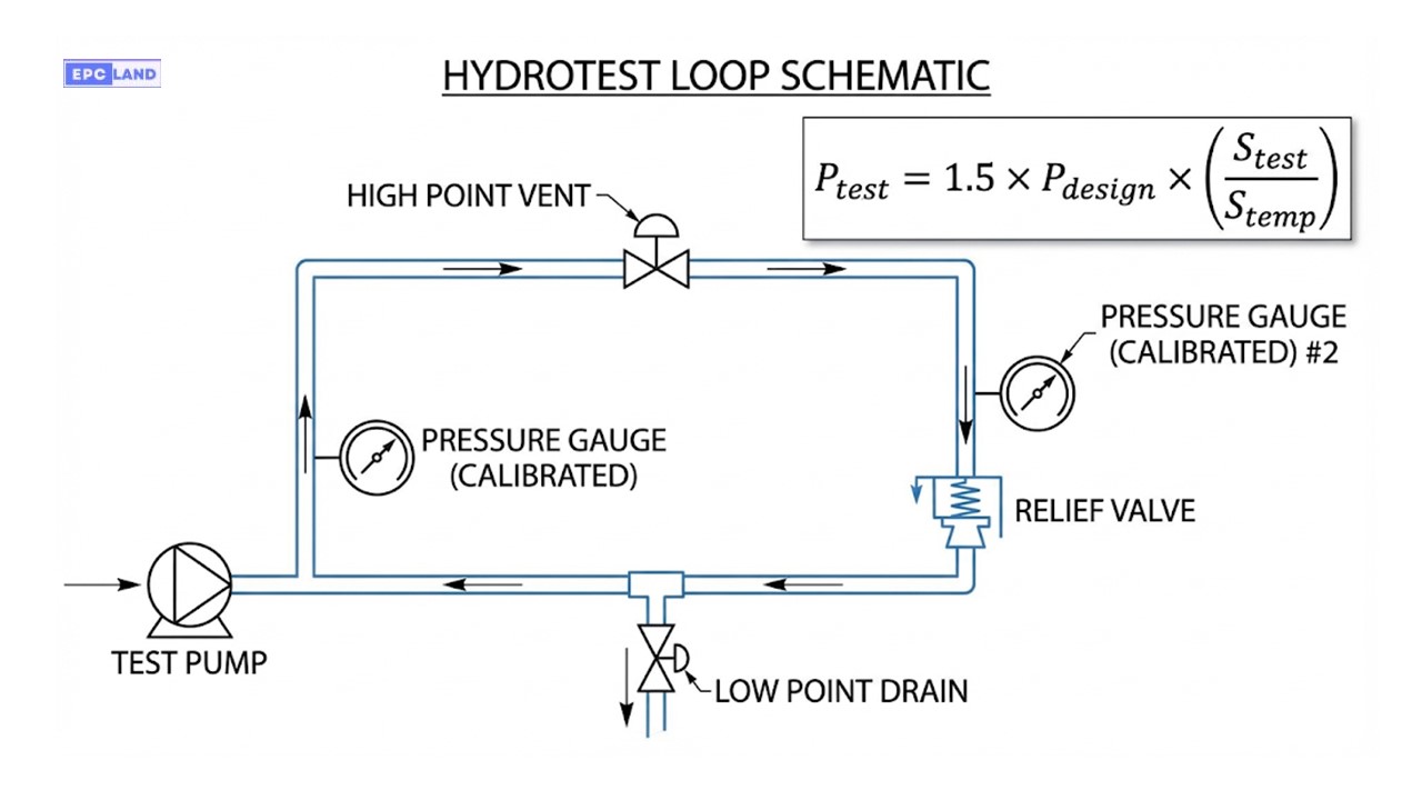ASME B31.3 test pressure calculation formula and hydrotest manifold diagram for process piping