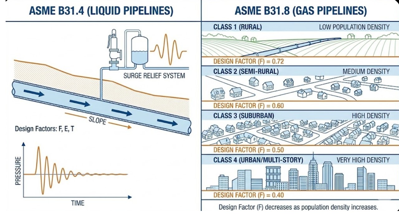 Technical diagram comparing ASME B31.4 vs B31.8 difference in design factors and class location requirements for wall thickness
