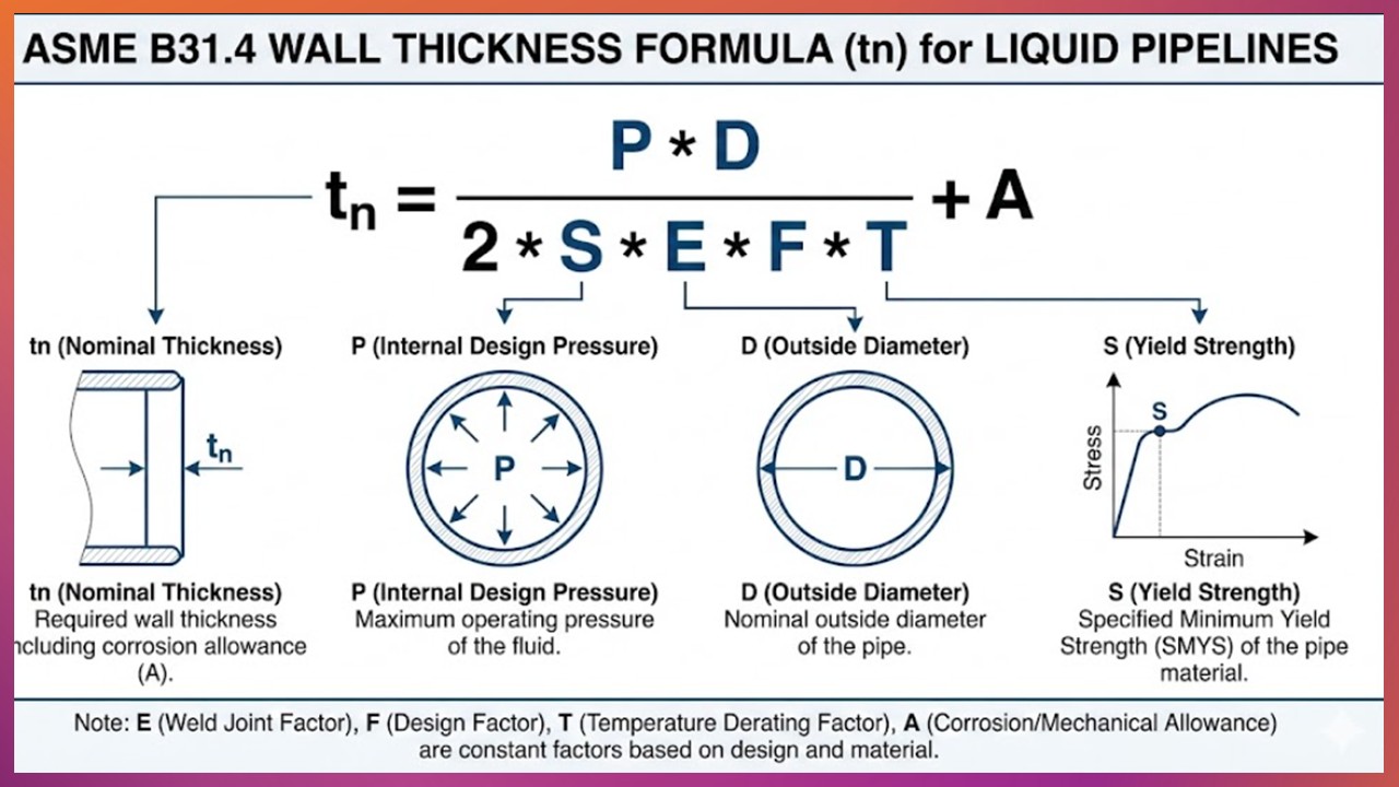 ASME B31.4 Wall Thickness Calculation Formula and Stress Diagram
