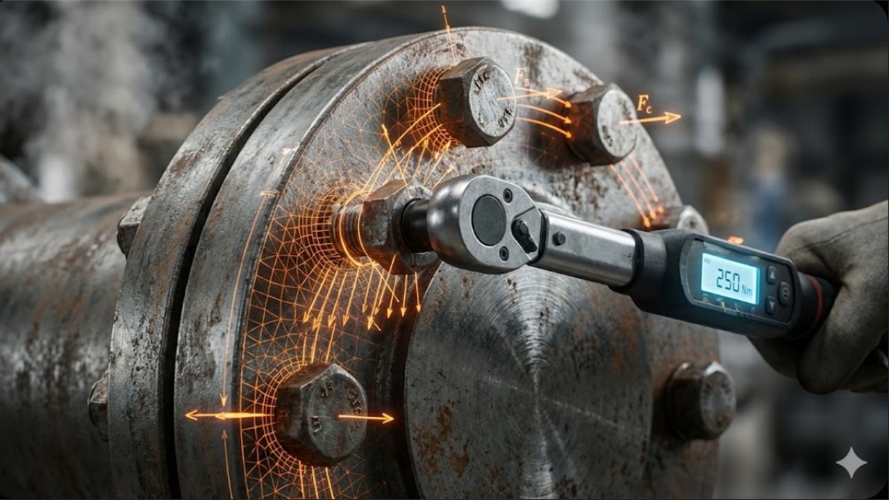 Industrial flange bolt torqueing with digital stress analysis overlay
