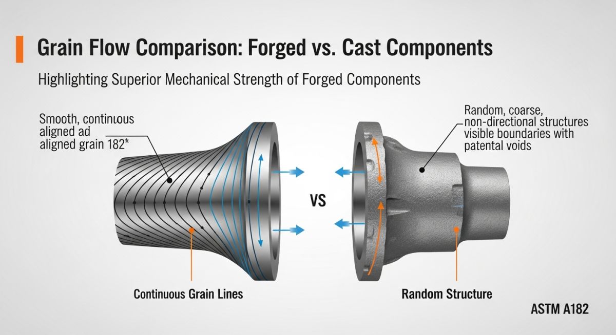 Engineering diagram comparing grain flow in ASTM A182 forged materials vs cast parts