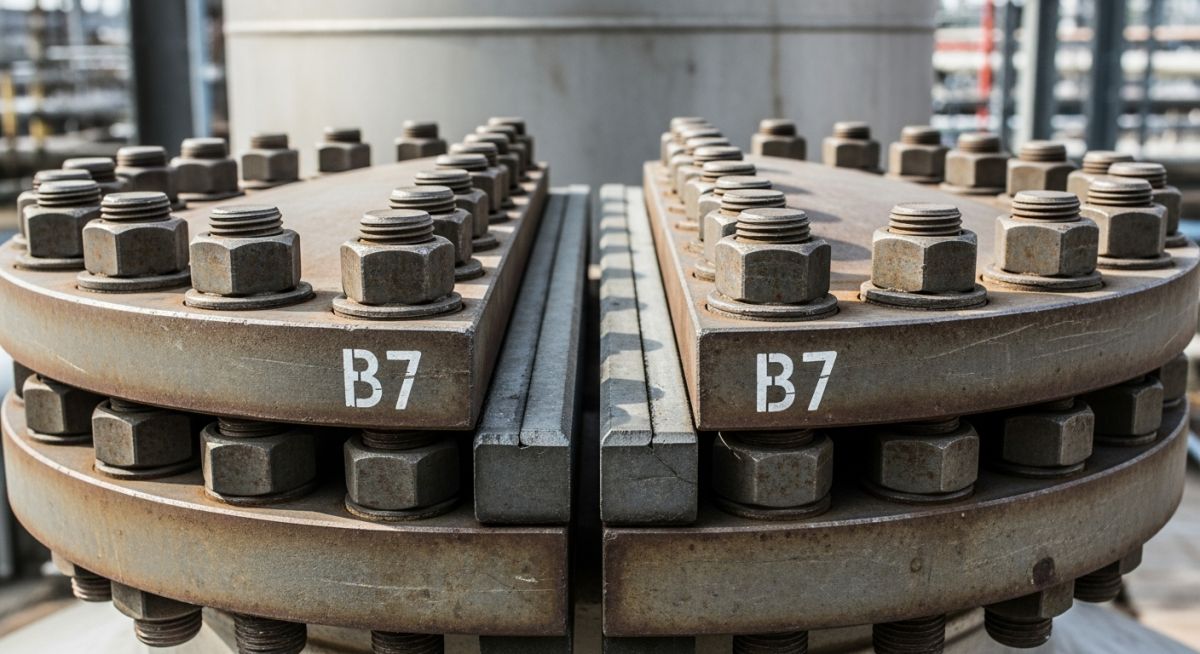 High-pressure flange assembly utilizing heavy-duty ASTM A193 Grade B7 studs and nuts in a refinery.