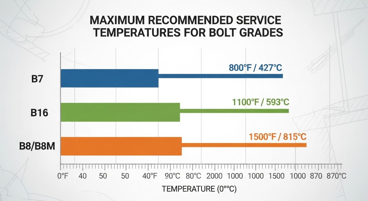 Technical comparison chart showing the maximum service temperature limits for different ASTM A193 material grades