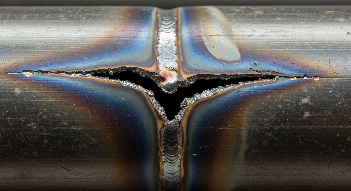 Macro photograph of a weld seam rupture in an ASTM A53 Pipe caused by improper high-temperature service application
