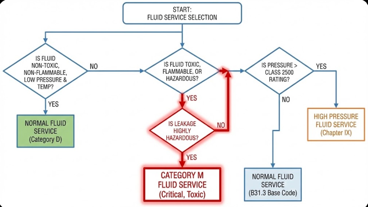 ASME B31.3 fluid service selection category chart for process piping