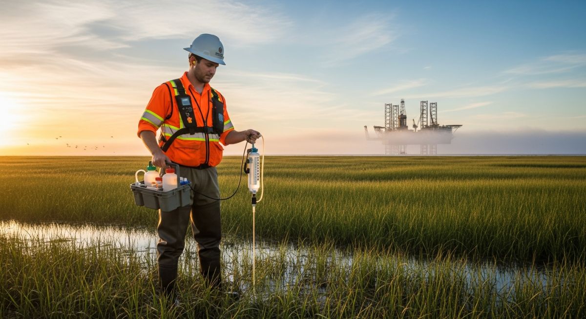 A professional environmental scientist working as one of many Biologists in the Oil and Gas Sector conducting field samples.