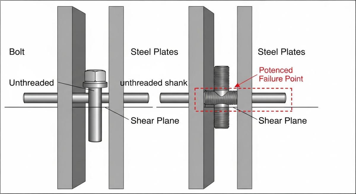 Engineering cross-section comparing threaded versus unthreaded bolt shank in the shear plane for through bolting