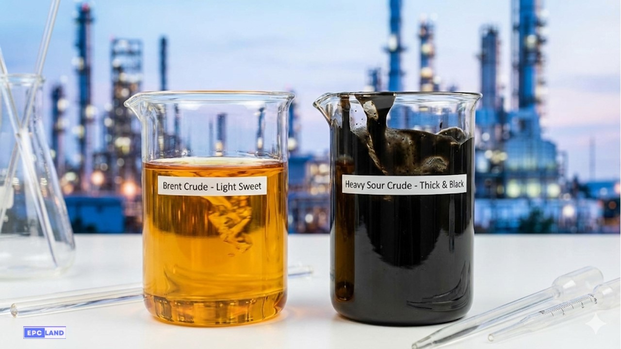 Visual comparison of light sweet Brent oil vs heavy sour crude oil in laboratory beakers.