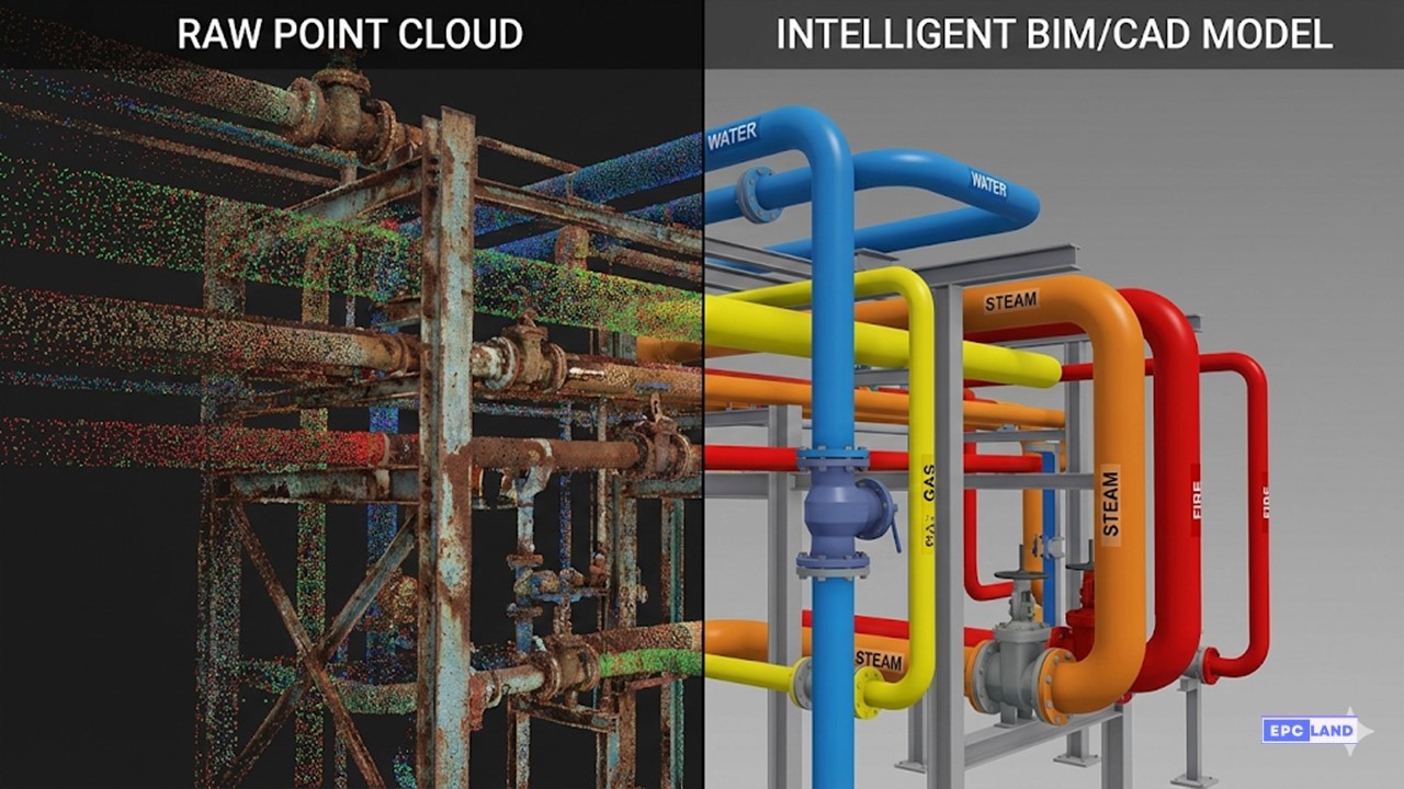 Brownfield laser scan point cloud converted to intelligent BIM piping model for reverse engineering scope