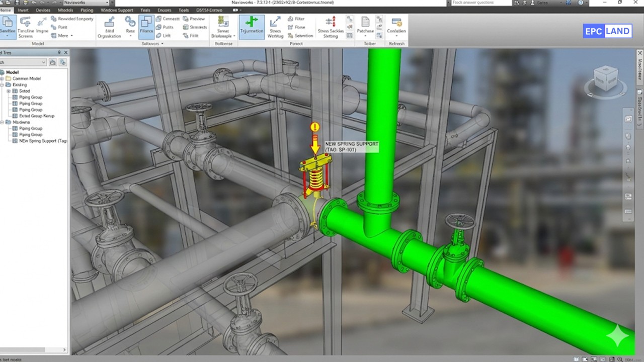 Brownfield tie-in point management showing existing versus new piping layout and stress supports