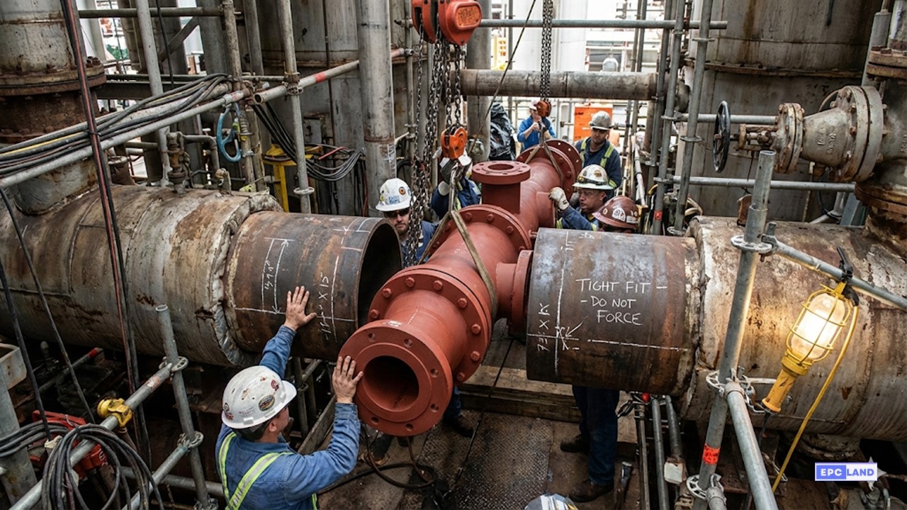 Installation of prefabricated pipe spools in a brownfield refinery revamp with tight clearance