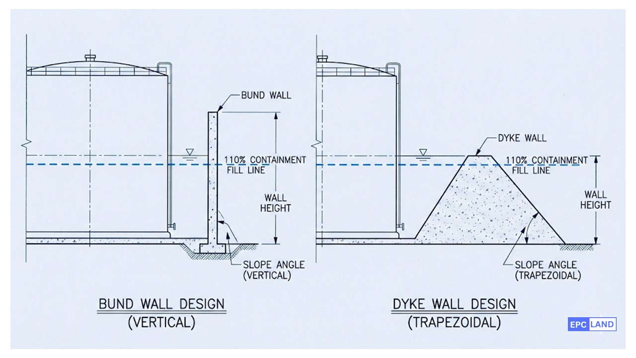 Cross section detail of secondary containment standards showing 110% capacity rule and wall height calculations