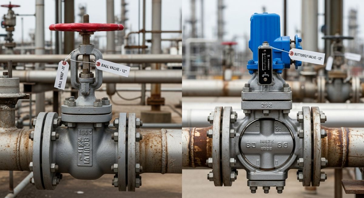 Industrial comparison of a Butterfly Valve vs Ball Valve in a high-pressure piping system.