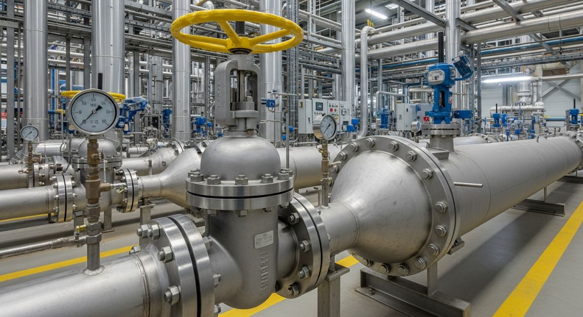 Industrial bypass valve installation in a high-pressure piping system for flow regulation.