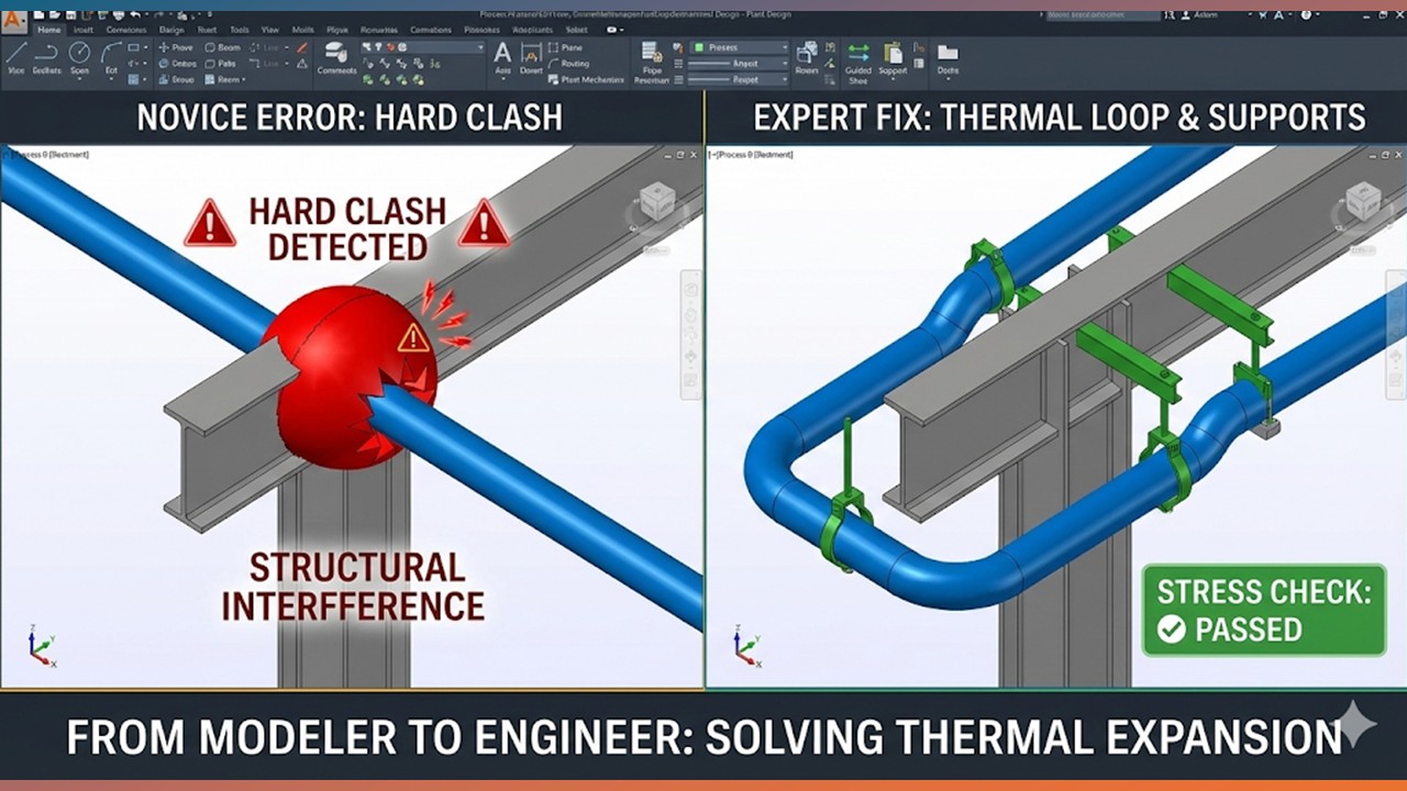 3D modeling software comparison showing hard clash resolution using piping layout best practices and thermal expansion loops