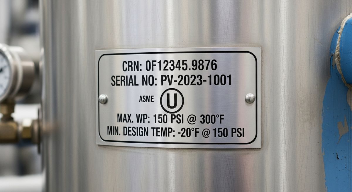 Pressure vessel nameplate showing a stamped Canadian Registration Number (CRN) for regulatory compliance.