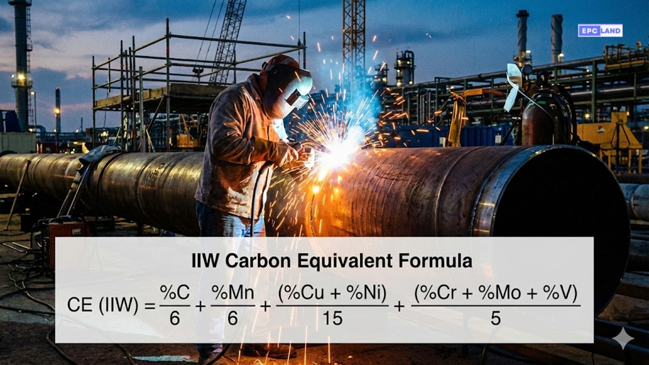 Carbon Equivalent Formula calculation for structural steel welding safety.