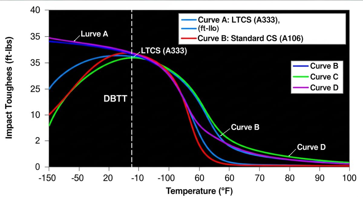 DBTT curve and impact toughness graph for Carbon Steel vs LTCS Pipe