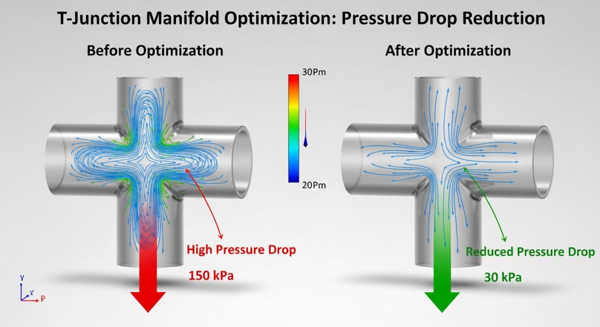 Pressure drop analysis comparing standard and optimized K-Factor Minor Losses in a T-Junction