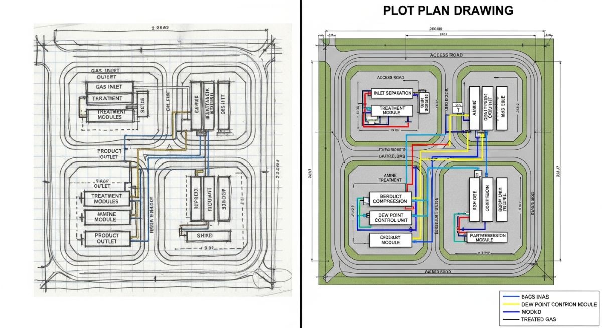 Case study comparison of conceptual and final Plot Plan Drawing for a modular skid project