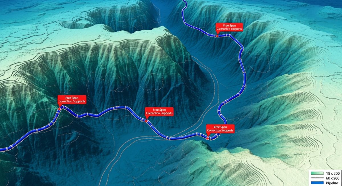 Case study map showing route optimization and span correction in subsea pipeline design