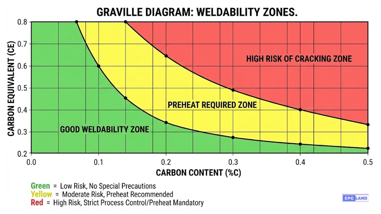 Carbon Equivalent vs Weldability Zones chart showing preheat temperature requirements