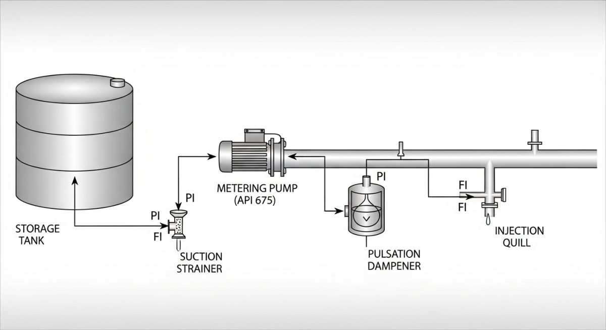 Engineering flow schematic of a complete Chemical Injection system from storage tank to process pipeline