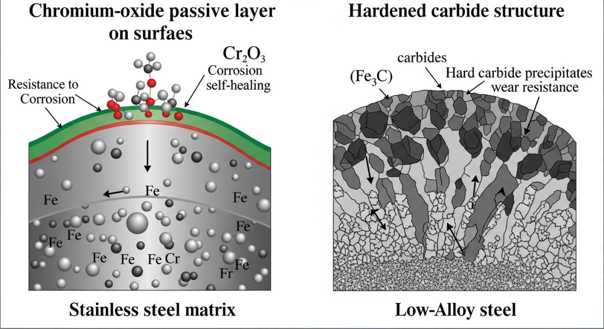 Material science diagram illustrating the chemical layer differences in Stainless Steel vs Alloy Steel