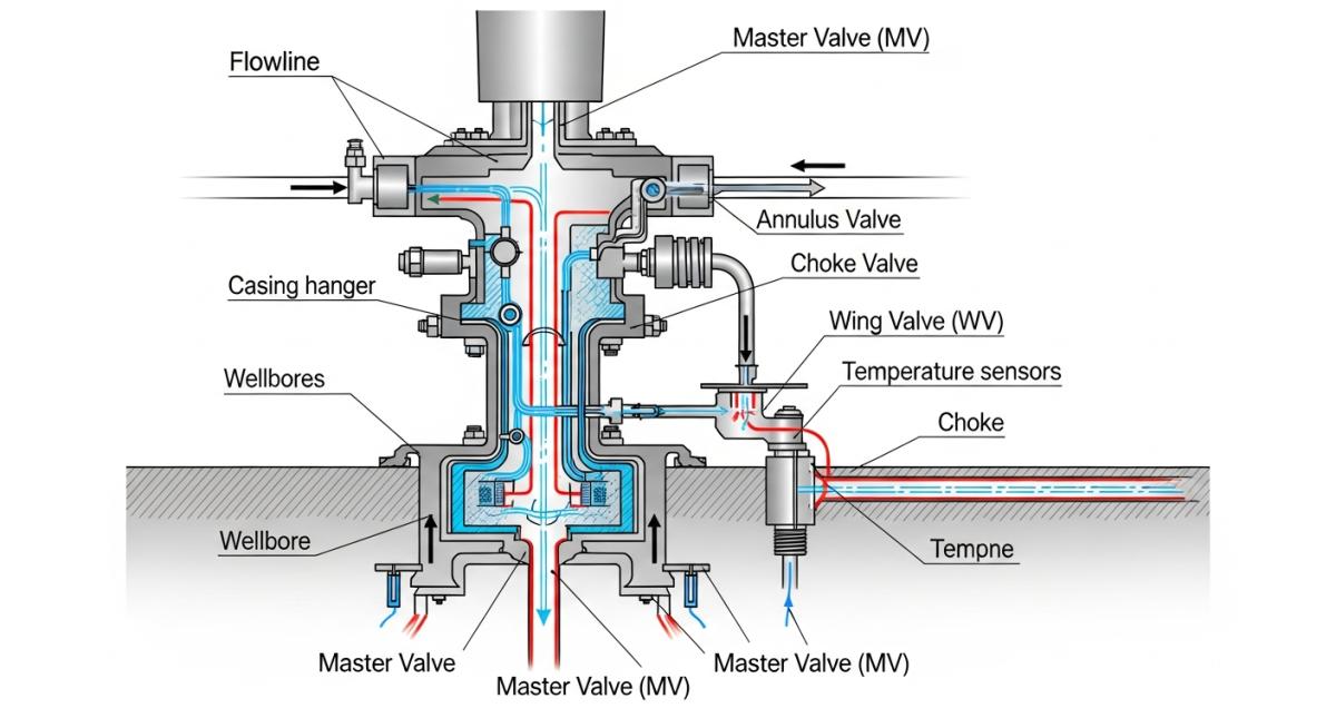 Technical Diagram of Christmas Tree Valve Components and Flow Path