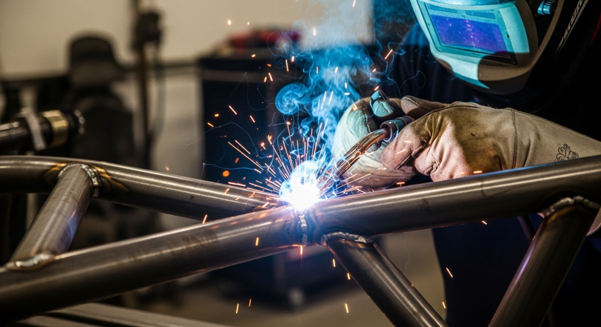 High-precision TIG welding on Chromoly Steel AISI 4130 tubular frame in 2026.