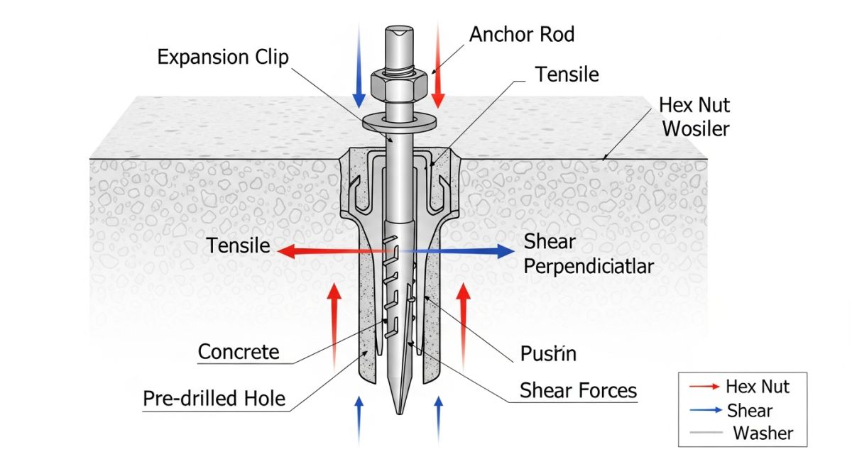 Technical cross-section diagram showing the load distribution and expansion of Concrete Anchors