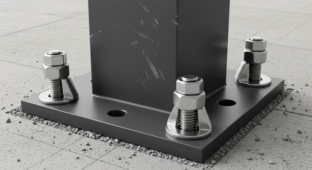 Industrial structural column base plate secured with heavy-duty Concrete Anchors