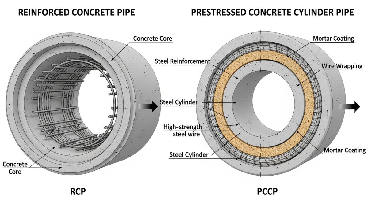 Engineering cross-section diagram of Prestressed Concrete Pipe layers