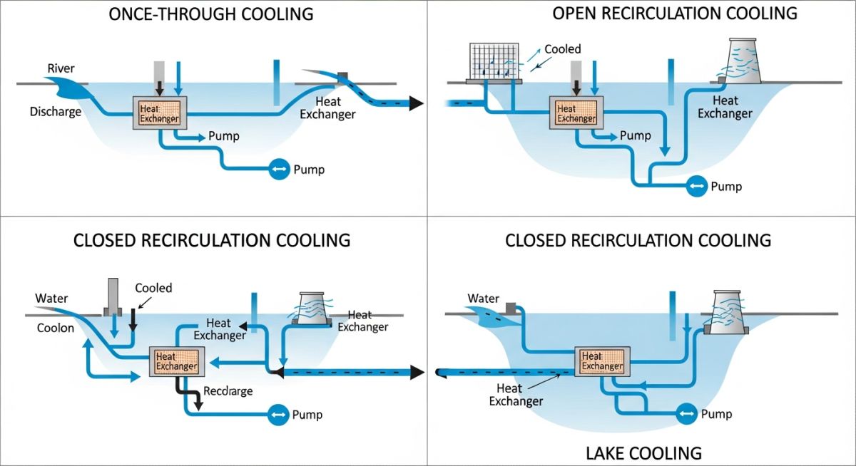 Technical schematic of Cooling Water System Design configurations and flow cycles