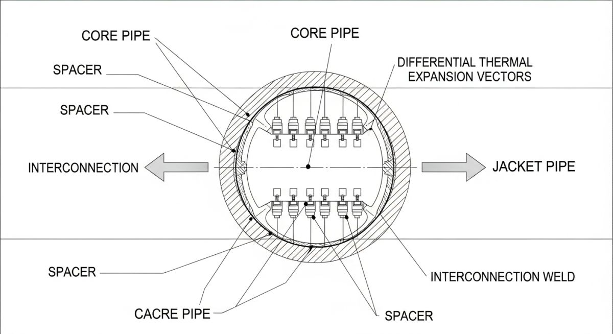 Engineering diagram showing core-jacket interconnection for Jacketed Piping Stress Analysis