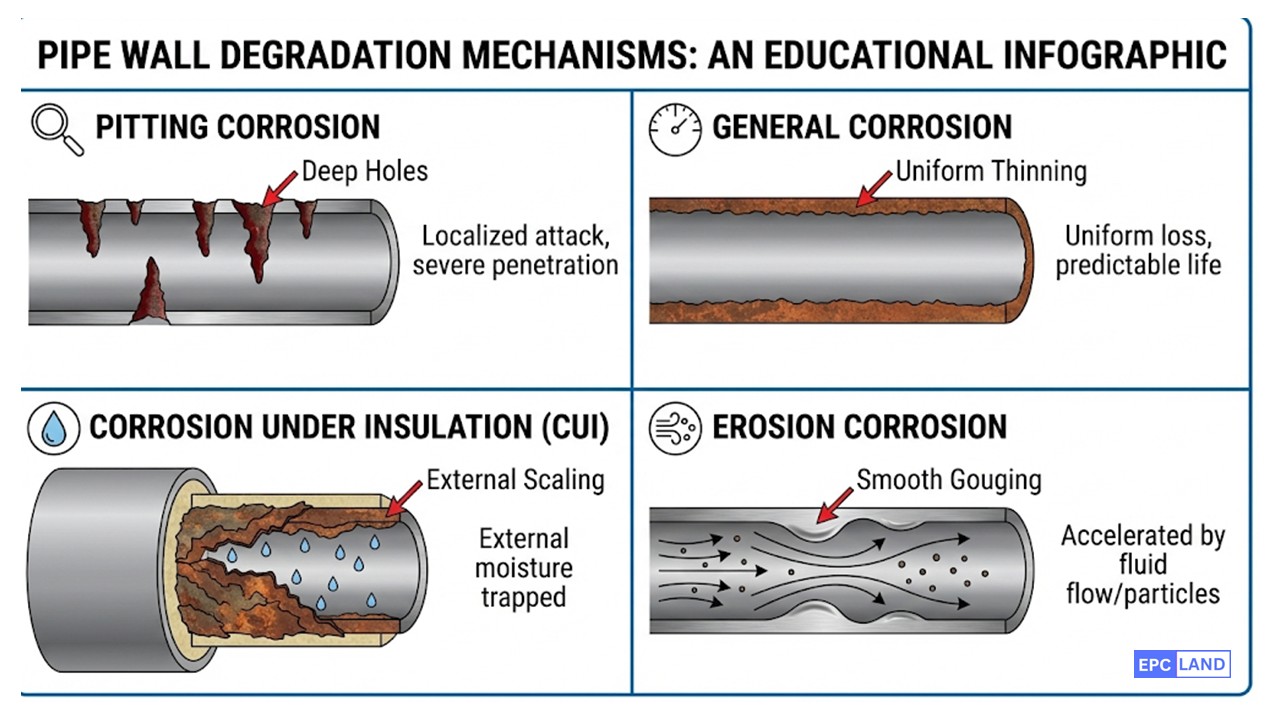 Cross-section technical diagram illustrating pitting, general thinning, and stress corrosion cracking mechanisms in piping