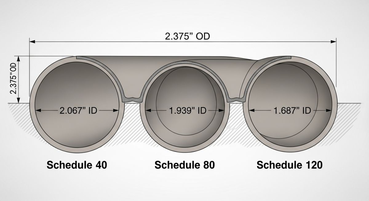 Technical cross-section diagram explaining how PVC pipe sizes maintain constant outside diameter while wall thickness increases by schedule